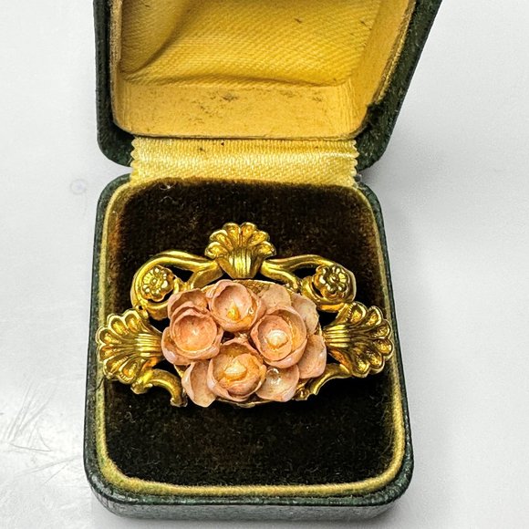 19th Century 18K yellow gold Coral flowers Mourning brooch 1 1/4" 3.8gm